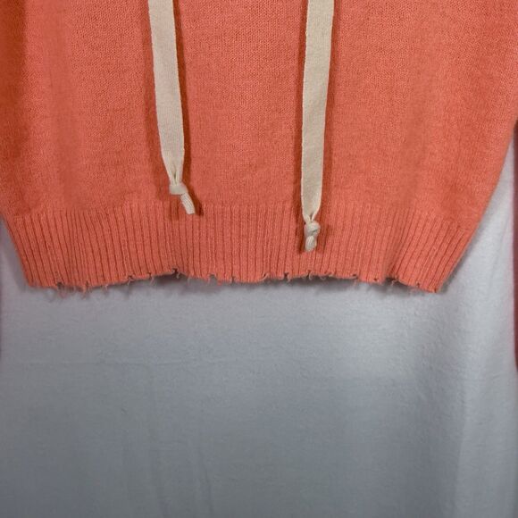 Minnie Rose Coral Orange Hooded Cropped Chewed Hem Cashmere Sweater Size S Cozy - Picture 6 of 12
